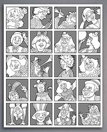 Illustration of 20 clown faces for worship bulletin cover