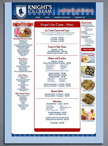 The Menu page of the Knight's Ice Cream website.