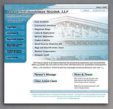 New law firm home page showing hover state links.